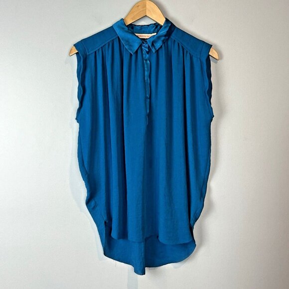Rebecca Taylor Sleeveless Blue Blouse Size 0 Snap Front Hi-Lo Raw Edge Hem - Picture 1 of 13